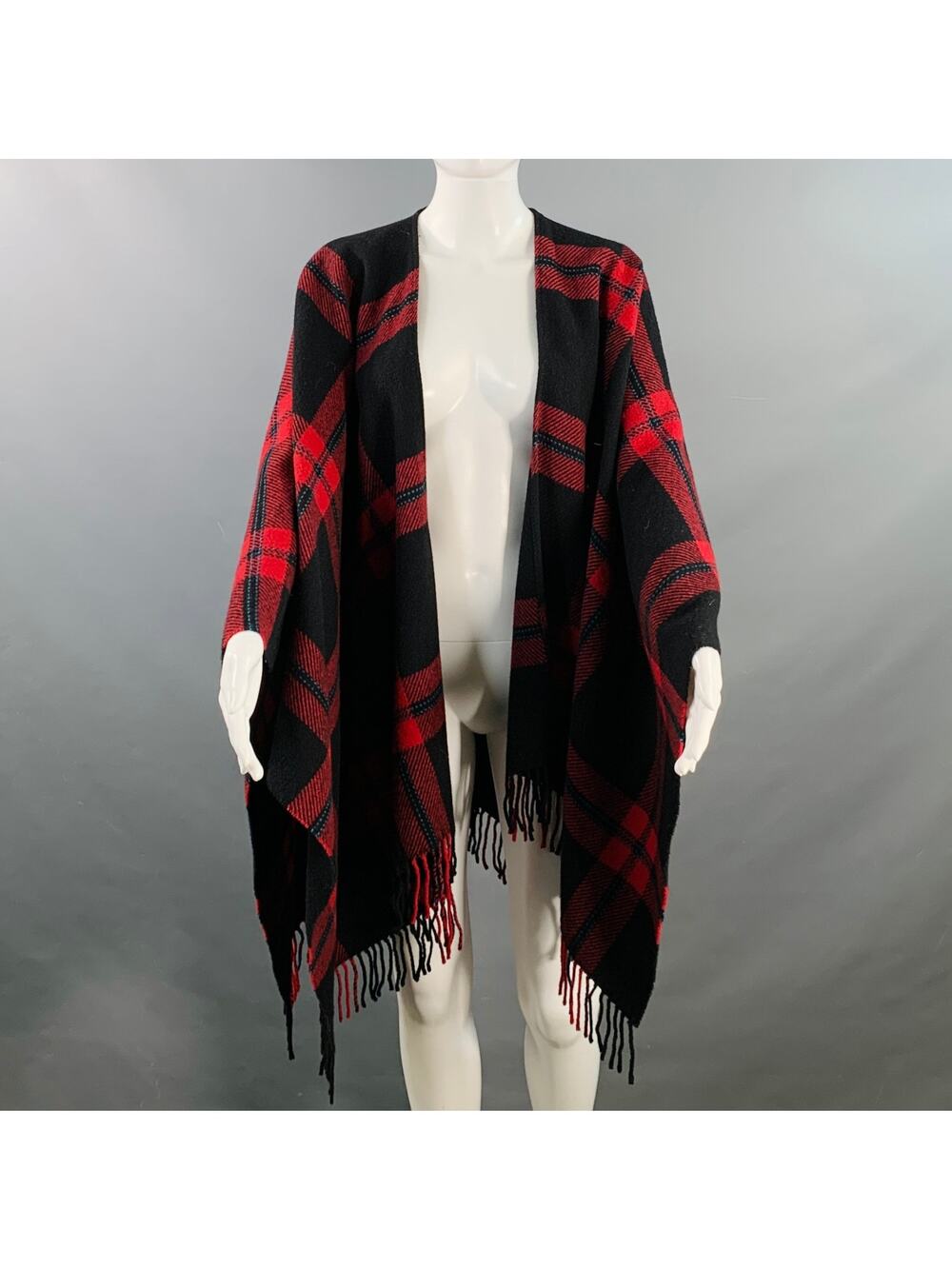 THE KOOPLES One Size Red Black Plaid Wool Open Front Fringe Shawl